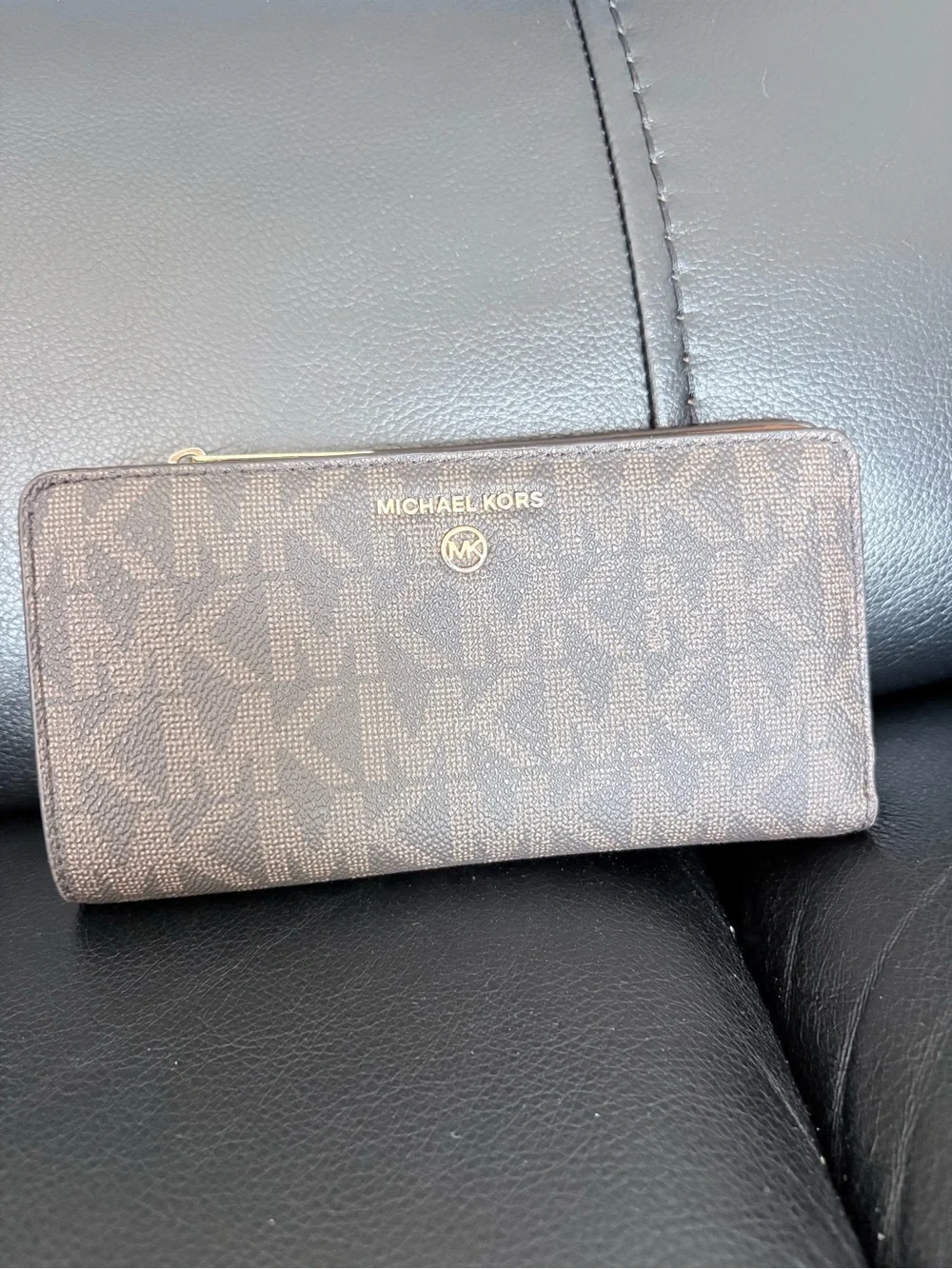 Michael Kors Brown MK Logo Zip Wallet with Gold Tone Hardware